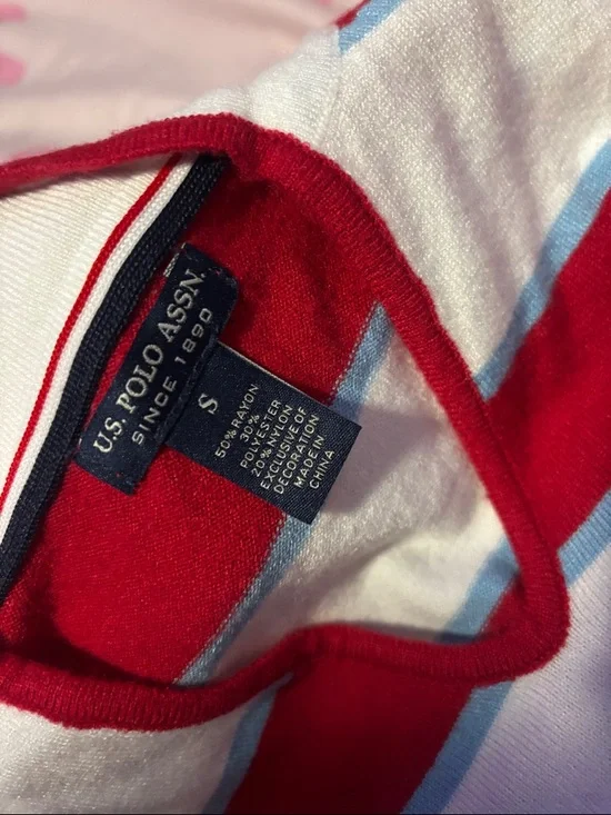 U.S. Polo Assn. Men's Red, White & Light Blue Striped V‑Neck Sweater - Picture 2 of 2